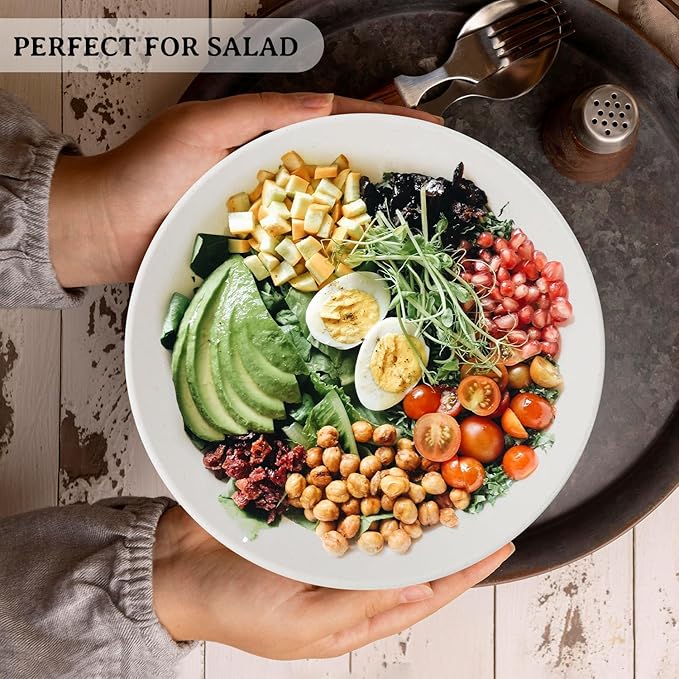 Wrova 10inch Wheat Straw Salad Bowls Set of 6 - Unbreakable Large Serving Bowls Microwave & Dishwasher Safe for restaurant - Big Plastic Bowls for Cereal,Salad - White Series