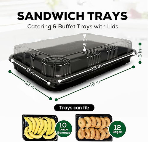 25 Pack Catering Trays with Lids – 17" Serving Tray with Lid, Heavy Duty Recyclable Plastic Party Platters for Catering, Buffet, Picnics & Events – Food Tray with Clear Lid (17.72 x 12.20 x 2.95 inch)