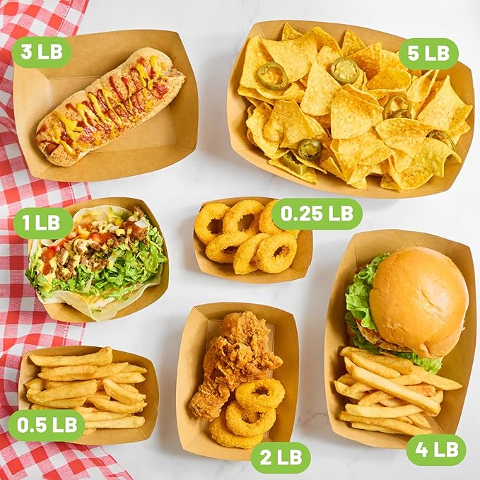ZORRITA 5 LB Extra Large Paper Food Trays, 100 Pack Disposable Nacho Trays Kraft Paper Food Boats Party Serving Baskets for Sandwiches Burgers Popcorns Snacks