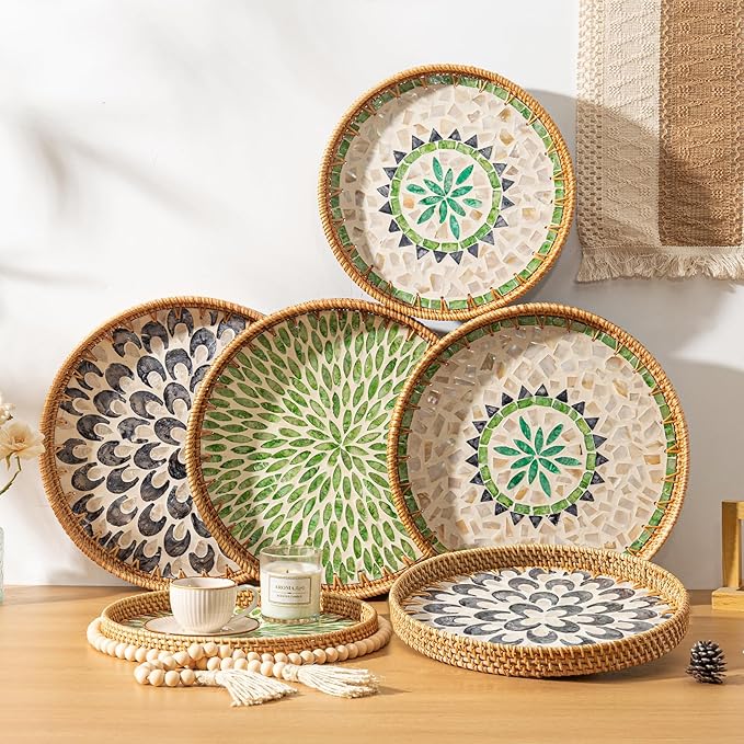 14 inch Round Rattan Tray Home Decor, Wicker Serving Tray with Mother of Pearl Inlay, Boho Decorative Tray for Coffee Table, Ottoman, Kitchen Table, Bathroom (Coastal Blue)