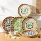 Set of 2 Round Rattan Tray Home Decor, Boho Decorative Wicker Serving Tray with Mother of Pearl Inlay for Coffee Table, Bathroom, Ottoman, Kitchen Table (Coastal Blue)