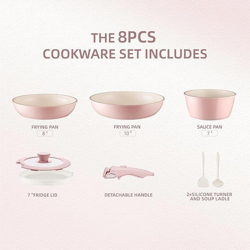 8PCS Ceramic Cookware,Nonstick Ceramic Pan, Removable Handle Pots and Pans Set, Stackable Pan Set, Nonstick Pots and Pans Set Non Stick pot(Pink)