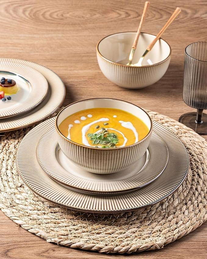 GBHOME Ceramic Dinnerware Sets,18 pcs Embossed Elegant Stoneware Plates and Bowls Sets, Housewarming Wedding Gift | Dishwasher & Microwave Safe | Dishes Set Service for 6