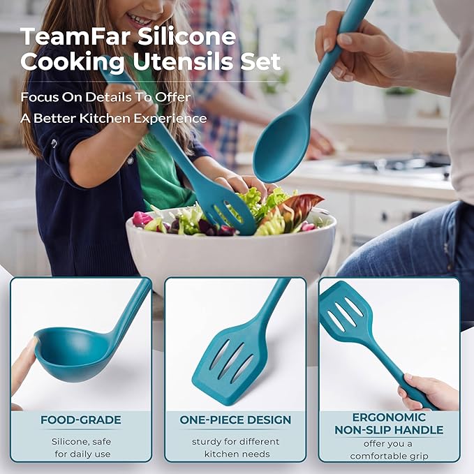 TeamFar Silicone Cooking Utensils Set of 6, Kitchen Utensils Set, Includes Ladle Slotted Turner for Non-stick Cookware, Healthy & One-Piece, Non-Scratch & Heat Resistant, Dishwasher Safe, Dark Blue