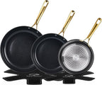 Chef Power Ceramic Frying Pan with Stainless Steel handle 5Pcs Set, Non-toxic Non Stick Grill Pan Set, Induction, Dishwasher and Oven Safe, Stone Black & Light Gold Handle, 8'', 9'', 11'' Skillet