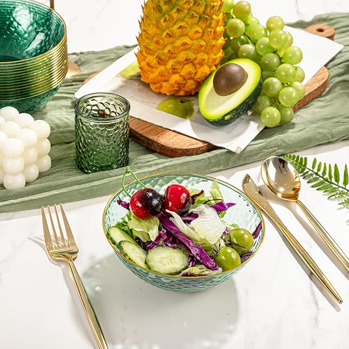 I00000 30 Pack 12 Ounce Clear Green Plastic Bowls Serving Bowls Hammered with Gold Rimmed, Heavy Duty Disposable Bowl Set,Small Bowls for Party Picnic