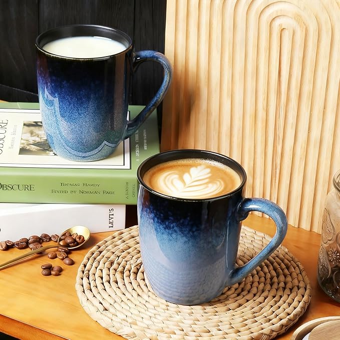 MONITO 14 OZ Coffee Mugs Set of 4, Large Ceramic Blue Coffee Mugs Set with handle for Tea/Latte/Milk/Cocoa, Funny Tea Cups for Office and Home, Engagement Gifts. (Ice-snow Blue)