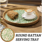 Round Rattan Tray with Mother of Pearl Inlay, Decorative Wicker Serving Tray with Wooden Base, Woven Basket Trays for Bread Fruits Coffee, Starfruit