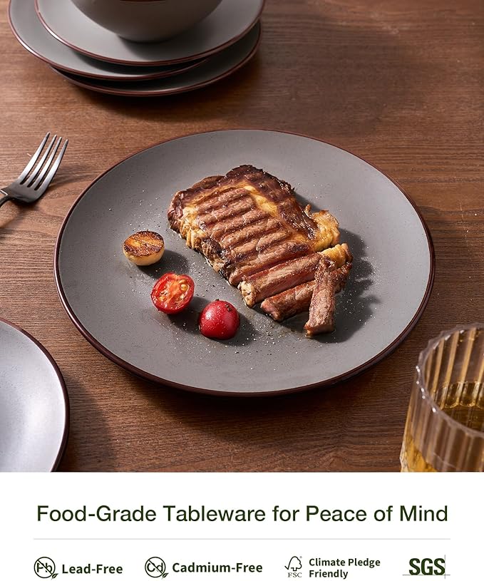 Famiware Venus Speckled Dinnerware Set, 24-Piece Stoneware Dishes for 6, Matte Dark Gray - Includes Pasta Bowls & Dinner Plates for Everyday Meals or Formal Dining, Microwave & Dishwasher Safe