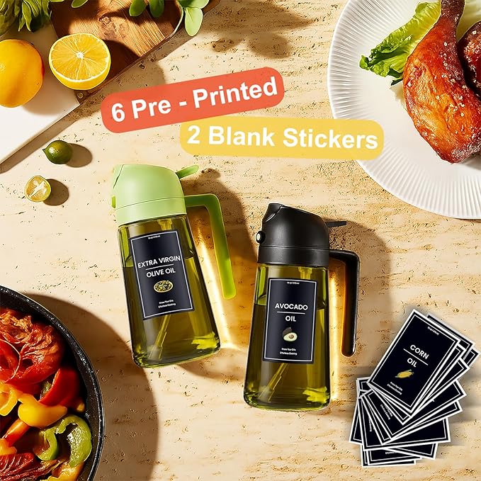 CXINYI - 16oz/470ml Olive Oil Dispenser for Kitchen with Stickers - 2 in 1 Olive Oil Sprayer for Cooking, Air Fryer, and Salad, Black (Light-Proof Kitchen Gadget)