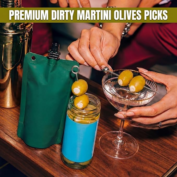 8 PCS Metal Martini Cocktail Picks for Drinks, Reusable Stainless Steel Martini Picks with Pickle Grabber, Dishwasher Safe for Dirty Martinis, Appetizers & Olives, Bloody Mary Bar Supplies