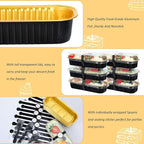 Mini Loaf Pans with Lids and Spoons (100 Pack, Black-gold, 6.8oz) Rectangular Aluminum Foil Baking Pans
