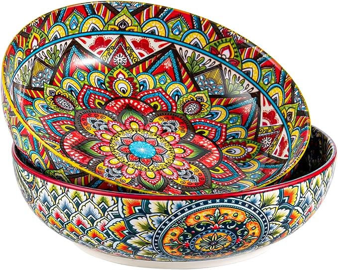 Henten Home Ceramic Pasta Bowls, 50 oz Soup Bowl Set of 2, Colorful Large Salad Bowls, Bohemia Style Serving Bowls Set for Noodles, Microwave & Dishwasher Safe (Set A)