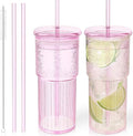 Luiaiog Glass Cups with Lids and Glass Straws, High Borosilicate 20OZ Pink Tumblers (2Pcs) for Coffee, Tea, Juice, Smoothies, Hot & Cold Drinks at Home/Office