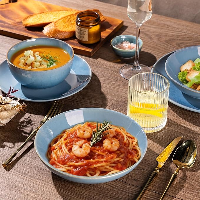 GBHOME Dinnerware Sets with Double Bowls for 6, 24 Pieces Stoneware Plates and Bowls Set, Scratch Resistant Ceramic Dishes Set, Dishwasher & Microwave Safe-Alaskan Blue