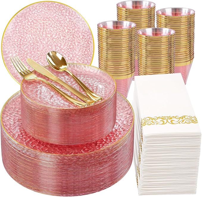 Rubtlamp 350 Pcs Clear Pink Plastic Plates, Pink Gold Plastic Dinnerware Set (50 Guests), Disposable Plates With Gold Rim, Hammered Party Plates Set for Wedding And Party