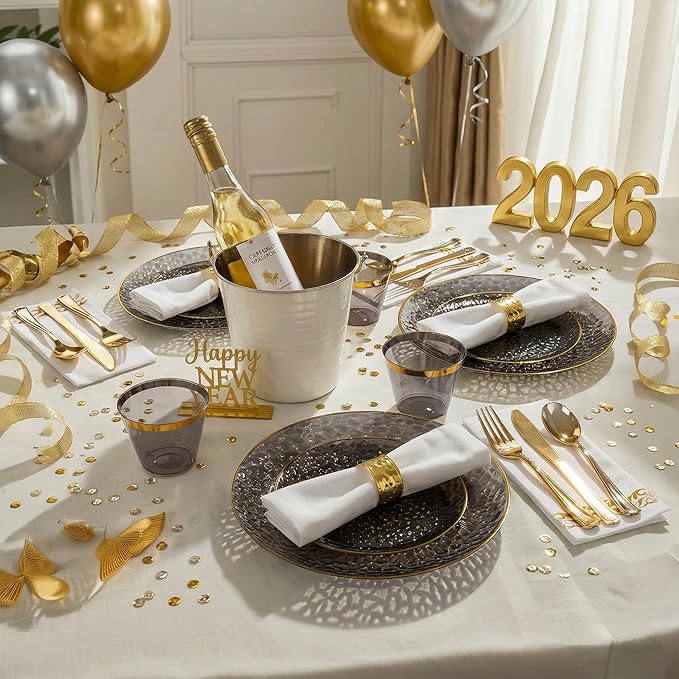 DaYammi 175PCS Clear Black and Gold Plastic Dinnerware Set for Party, Hammered Disposable Plates for Party, Include: 25 Dinner Plates, 25 Dessert Plates, 75 Gold Silverware 25 Napkins 25 Cups