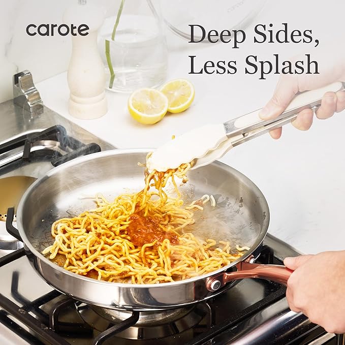 CAROTE 8"+10" Stainless Steel Frying Pan Set, Non-Toxic PTFE & PFOA Free Fry Pan & Omelet Pan, Oven Safe, Compatible with Induction, Ceramic, Gas Cooktops, Gold
