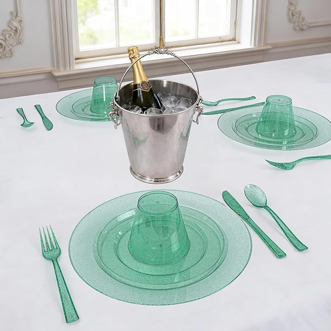 DaYammi 350 Pieces Green Glitter Dinnerware Set 50 Guest for Party St Patricks Day Plates - 50 Dinner Plates, 50 Dessert Plates - 50 Per Rolled Napkins with Green Cutlery - 50 Disposable Cups 9 OZ