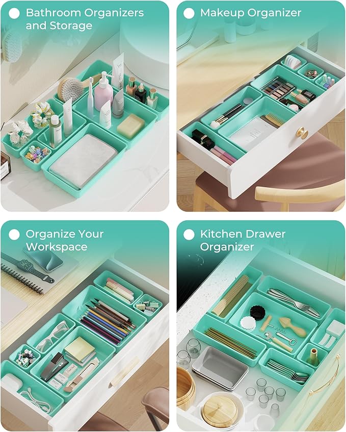 25 PCS Plastic Drawer Organizers Set, 4-Sizes Vanity and Makeup Organizer, Desk and bathroom Drawer Organizer Trays, Organizers and Storage for Makeup, Jewelry, Gadgets, Utensils (Blue)