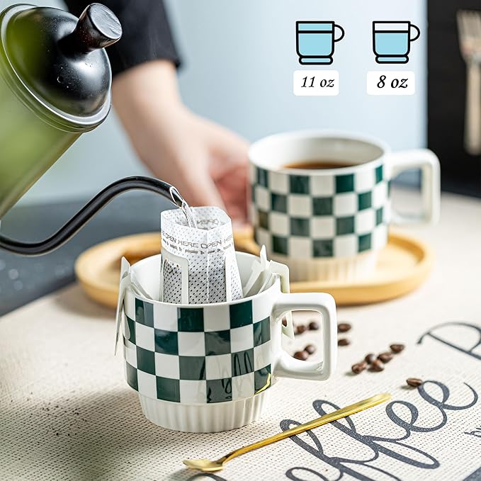 Miamolo Stackable Coffee Mugs with Stand, Checkered Coffee Mug Set of 4, 11oz Espresso Cups for Beverages, Stacked Mug Set with Spoons for Christmas Housewarming Birthday Gift, Dishwasher Safe