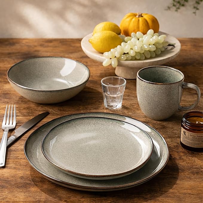 GBHOME Stoneware Dinnerware Sets for 6, 18 Pieces Rustic Ceramic Plates and Bowls Set, Handmade Reactive Glaze Plate Sets, Highly Chip Resistant Dishes, Microwave & Dishwasher Safe, Green Wheat