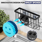 MURLONG Sponge Holder for Kitchen Sink,Sink Caddy Smiley Face,4-in-1 Sponge Holder with Suction Cups & 1 PCS Adhesive Strips for Holding Soap,Brush,Scrubber,Sponge,Stopper-Black