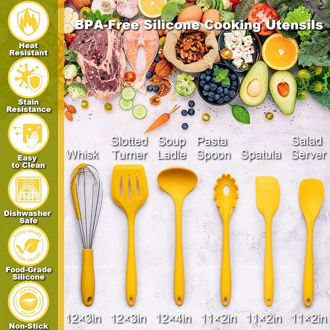Sunflower Utensil Caddy with Silicone Cooking Utensils Set 6PCS, Canister Holder Sunflower Kitchen Decor and Accessories Theme Set Counter Yellow Kitchen Decor Country Crock Organizer Gifts for Women
