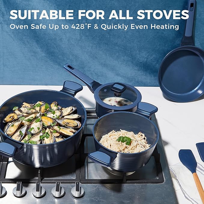 HONGBAKE 26 Pcs Pots and Pans Set Non Stick, Non Toxic Ceramic Cooking Set With 10 Silicone Utensils, Kitchen Induction Cookware & Bakeware Sets with Diamond Texture Pattern, PFOA Free, Blue