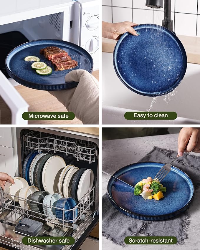 Famiware Star 18-Piece Reactive Glaze Plates and Bowls Sets, Service for 6 - Stoneware Dinnerware with Trim, Modern Rustic Dishes, Chip & Scratch Resistant, Microwave & Dishwasher Safe, Nebulas Blue