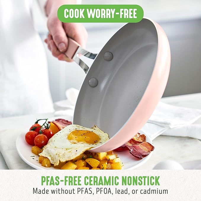 GreenLife 8” & 10” 2 Piece Nonstick Ceramic Frying Pan Set, Lightweight Healthy PFAS-Free Skillets, Dishwasher & Oven Safe, Durable Body, Silicone Stay-Cool Handles, Easy Release, Pink