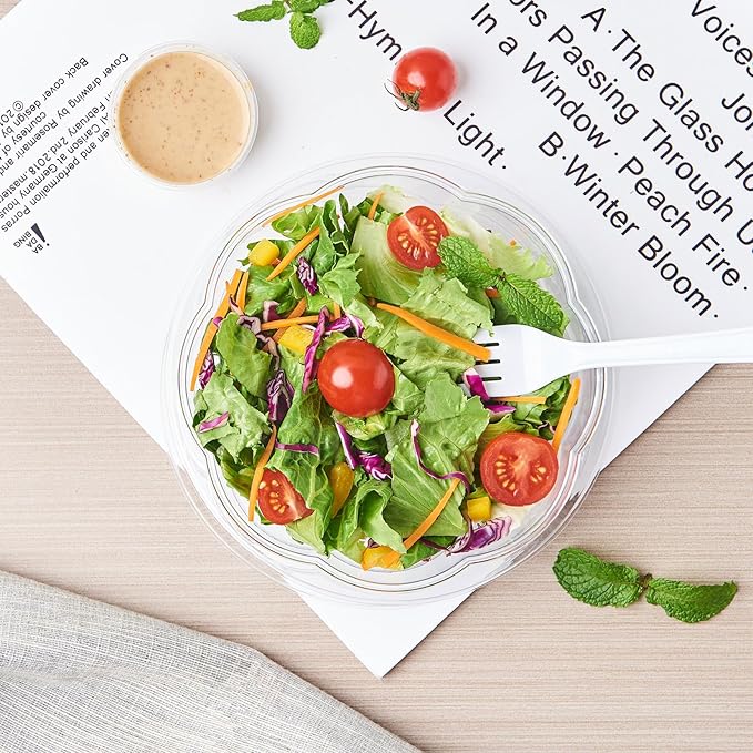Jaluxing [18 oz. 150 Sets Clear Plastic Salad Bowls with Airtight Lids Disposable To Go Mixing Containers Serving for Fruit, Quinoa, Lunch and Meal Prep