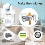 Sponge Holder with Dish Cloth Hanger for Kitchen Sink, In-sink Caddy Organizer with Suction Cups & Adhesive Strips, Rustproof Sponge Rack for Soap, Brush, Scrubber - Black（2 Pack）