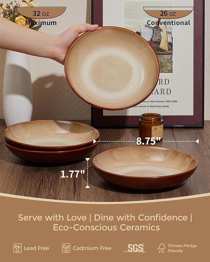 Pokini Ceramic 32 Oz Pasta Bowls, 8.75 Inch Reactive Glaze Pasta Bowl Set of 4, Microwave & Dishwasher Safe, Large Wide Serving Bowls for Salad, Dessert, Soup, Fruit, Brown and Yellow