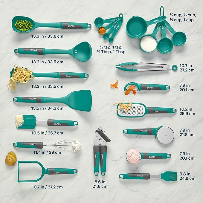 Pyrex (22-Piece) Silicone Kitchen Cooking Utensils Set, Non-Stick Silicone Cooking Gadgets, Spatulas, Pizza Wheel, Grater, Measuring, and more