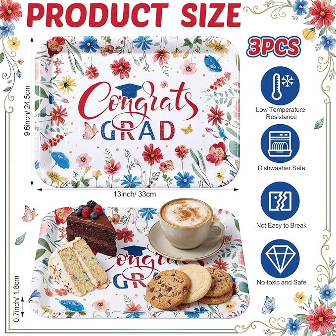 Vesici 3 Pcs Wildflower Graduation Serving Trays 13 x 10 Inch Red Blue Floral Class of 2026 Congrats Grad Melamine Platters Reusable Rectangular Serving Dishes for Graduate Party Snacks Fruit Dessert