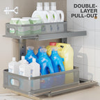 2 Pack 15.5IN-Depth Under Sink Organizer With Next-Gen Ball-Bearing Slides,2-Tier Precision Mesh Pull Out Cabinet Storage for Bathroom&Kitchen,Height Adjustable Drawers Shelf,Anti-rust-Grey