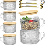 LANDNEOO 6 Pack 14oz Vintage Glass Coffee Mugs with Bamboo Lids and Spoons, Green Embossed Drinking Glasses for Iced Coffee, Tea, Latte