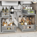 2 Pack 15.5IN-Depth Under Sink Organizer With Next-Gen Ball-Bearing Slides,2-Tier Precision Mesh Pull Out Cabinet Storage for Bathroom&Kitchen,Height Adjustable Drawers Shelf,Anti-rust-Grey