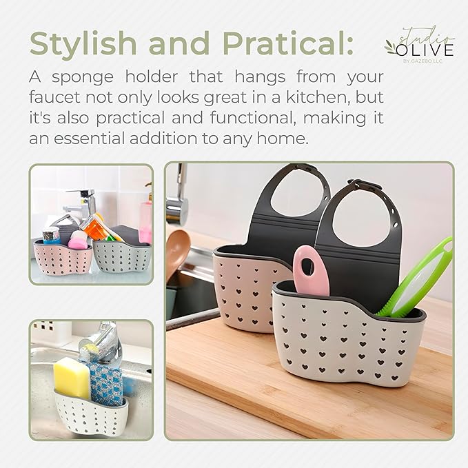 Sponge Holder for Kitchen Sink to Hang from the Faucet. Modern Adjustable Kitchen Sink Sponge Holder with Drain Holes For Drying.