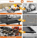 Urackify Dish Drying Rack - Extendable Dish Drainer, Large Dish Rack for Kitchen Counter, Rustproof Dish Strainer with Utensil Holder and Cups Holder, 1 Tier Black