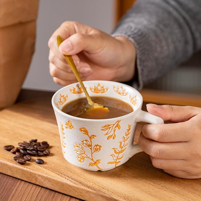 Ceramic Mugs 11 oz Unique Luxurious Cups Set of 4, Mug for Coffee Milk Latte Cappuccino Tea, Office Home Kitchen Use, Dishwasher Birthday Gift Microwave Freezer Safe Stoneware Mixed