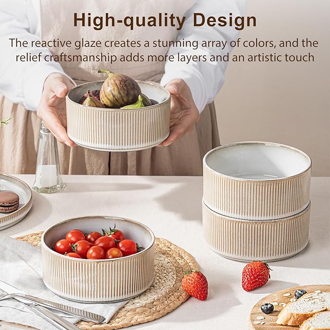 Ceramic Bowl Set of 4-22oz Cereal and Soup Bowls, Microwave and Dishwasher Safe, For Oatmeal, Salad, Pasta, Dessert and Fruit, Beige