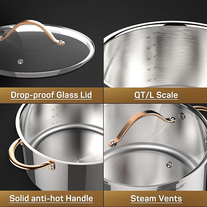 Stock Pot 12 Quart, 18/10 Tri-Ply Stainless Steel Whole Clad Stock Pot with Lid, Seamless 12 QT Cooking Pot with Copper Handle, Healthy Stockpots, Induction, Gas, Oven and Dishwasher Safe