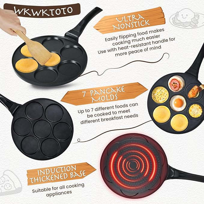 Pancake Pan Suitable for All Stovetops & Induction Cooker, 10.5 Inch Pancake Maker Egg Frying Pan, 7 Molds Pancake Maker with PFOA Free Coating