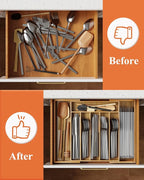 Kitsure Large Bamboo Silverware Organizer - Expandable Drawer Organizer for Utensil, Cutlery and Flatware, Kitchen Storage Solution with 6 to 8 Slots, Natural, 19.4" × 13.1" × 1.8"