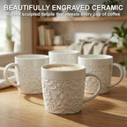 25DOL 16 oz Ceramic Coffee Mugs Set of 4 – Embossed Nature-Inspired Design, Comfortable Grip Handle – Large Latte & Tea Cups, Modern Farmhouse Style – Microwave & Dishwasher Safe