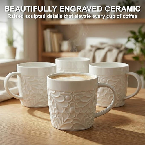 25DOL 16 oz Ceramic Coffee Mugs Set of 4 – Embossed Nature-Inspired Design, Comfortable Grip Handle – Large Latte & Tea Cups, Modern Farmhouse Style – Microwave & Dishwasher Safe