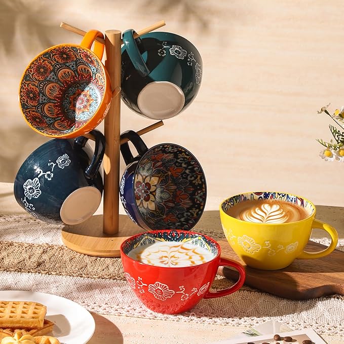 Coffee Mug Set of 6, 15 oz Boho Coffee Mug Ceramic with Handle, Porcelain Tea Cups Set, 6 Pcs Coffee Cups for Cappuccino and Latte, Microwave & Dishwasher Safe, Ideal Gift for Family/Friend