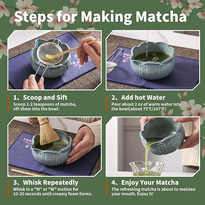 Matcha Whisk Set, Ceramic Matcha Set 8 Pcs, Matcha Kit Set Includes Matcha Bowl, Matcha Whisk and Holder, Bamboo Scoop and Rest, Sifter and Tea Towel, Ideal Gift for Family/Friend (Blue)